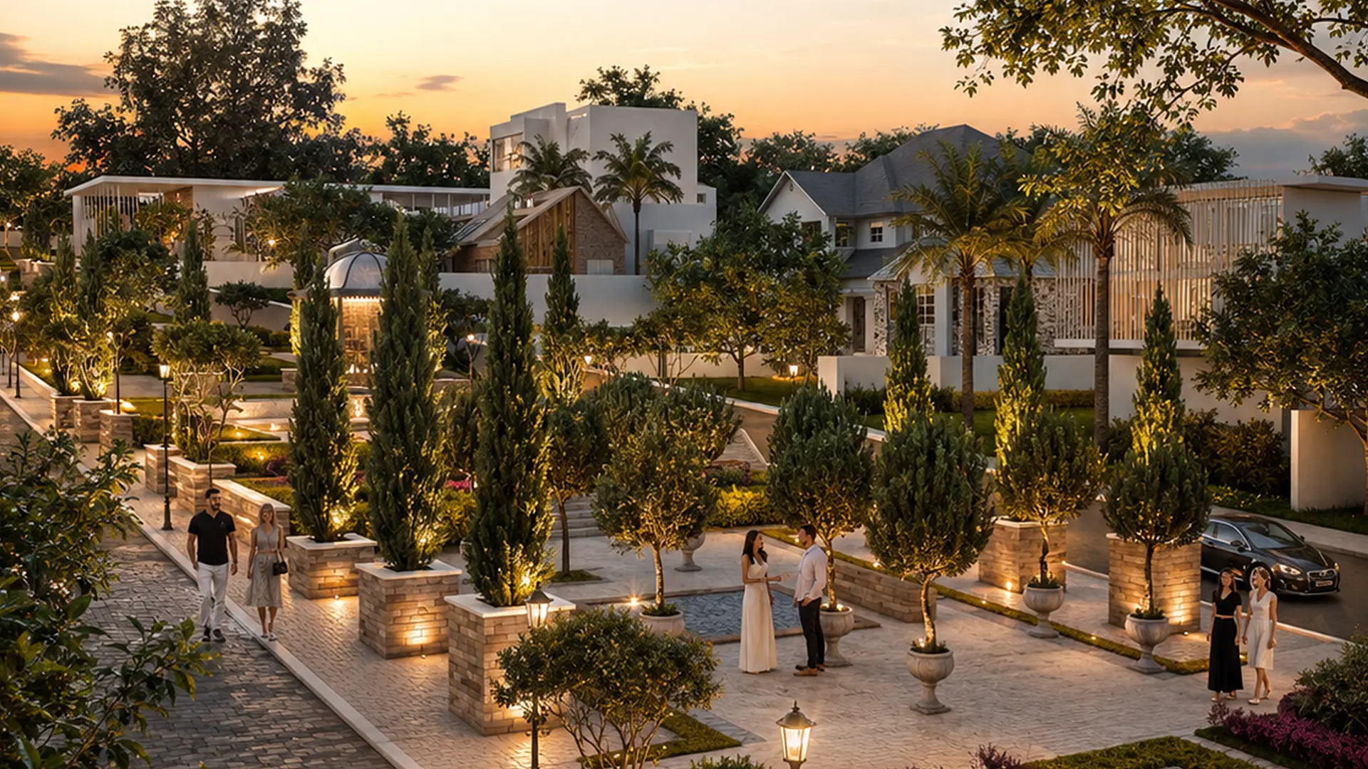 Alameda arborizada com paisagismo ao entardecer em condomínio residencial Blue INC